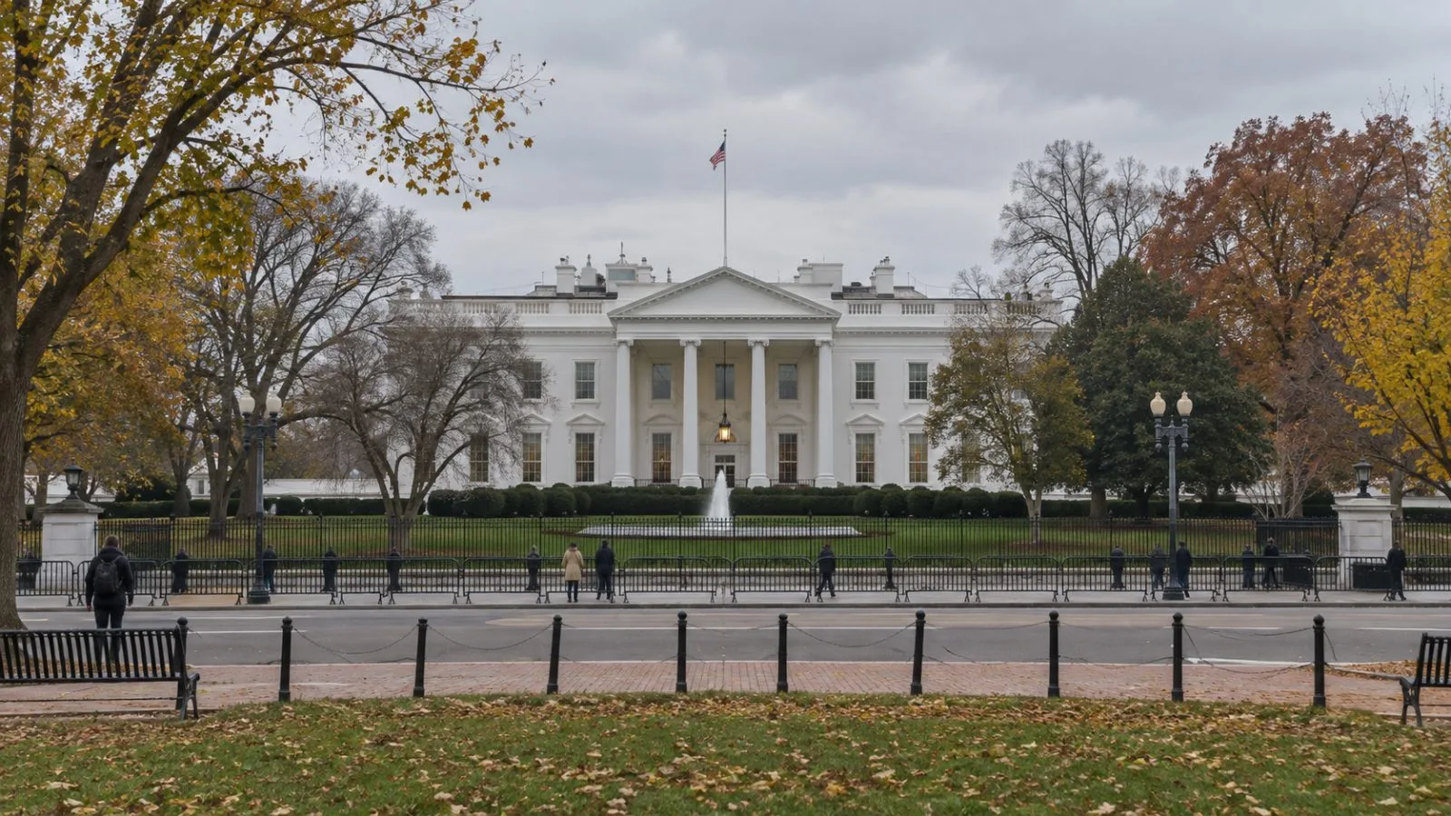 The White House north portico faces Lafayette Square in Washington, D.C., beneath gray autumn skies. (AI-generated image / EconoTimes)