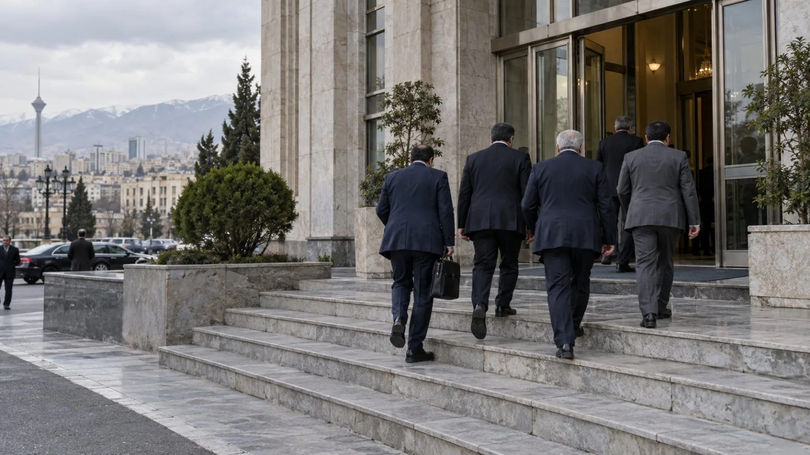 Officials enter a government conference venue in Tehran, Iran, for regional security talks. (AI-generated image / EconoTimes)