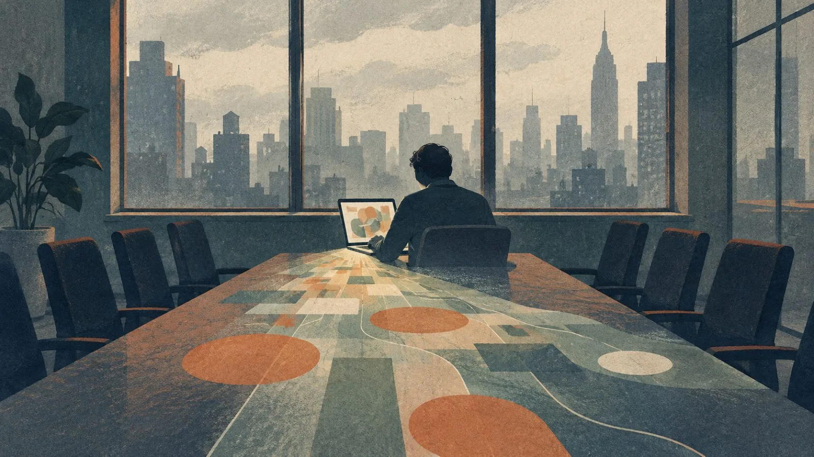A consultant works alone at a laptop in a Manhattan professional services office. (AI-generated image / EconoTimes)