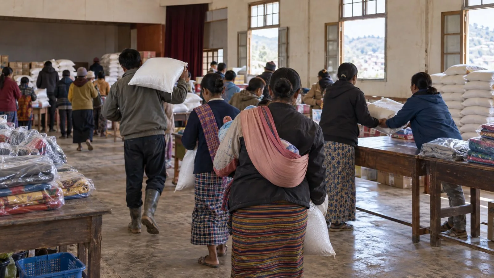 Aid workers arrange rice sacks and family kits at a distribution site in Taunggyi, Myanmar (AI-generated image / EconoTimes)