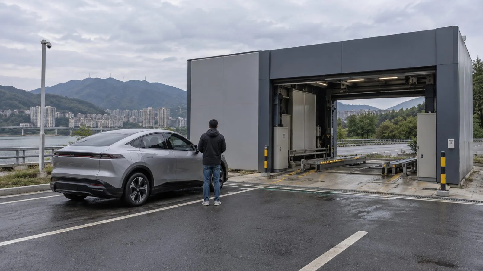 An electric vehicle stands beside a battery-swapping bay in Ningde, China. (AI-generated image / EconoTimes)