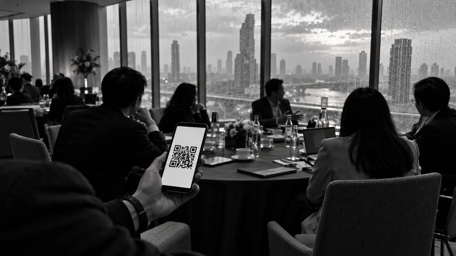 Attendees discuss cross-border payment links around a conference table in Bangkok. (AI-generated image / EconoTimes)