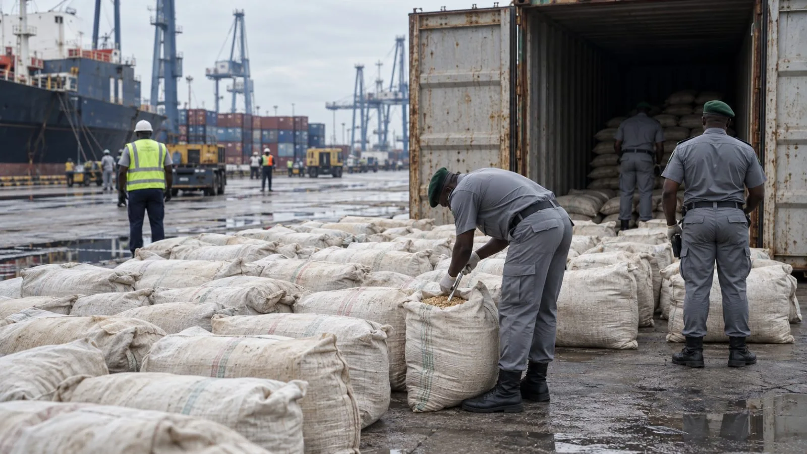 Plain cargo sacks sit beside a shipping container at Apapa port in Lagos, Nigeria. (AI-generated image / EconoTimes)