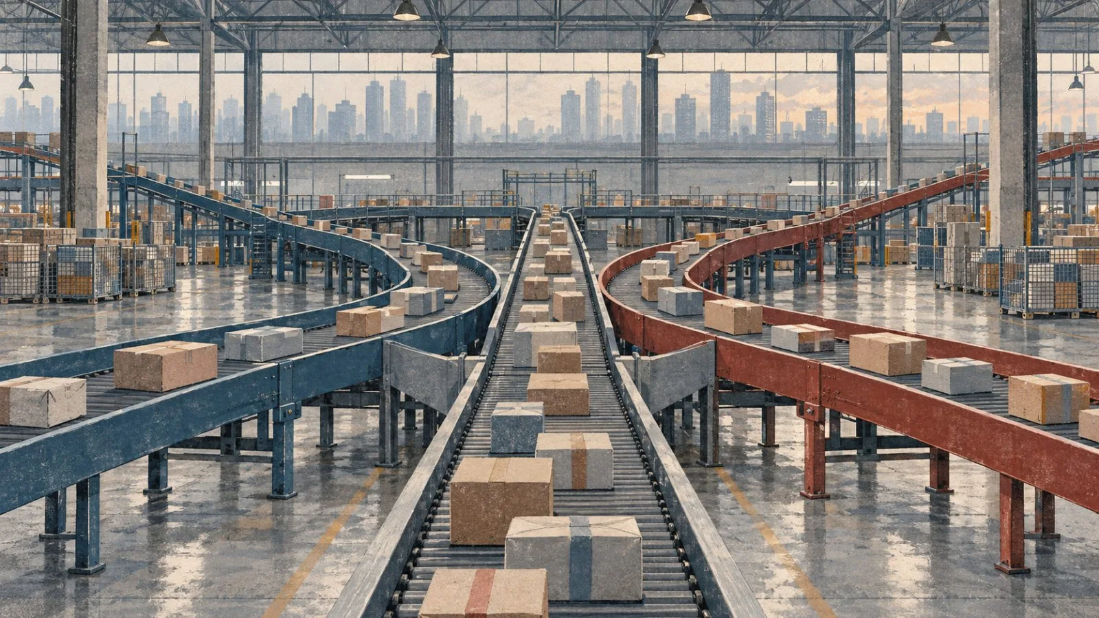 Unmarked parcels move along a conveyor at a logistics center in Shanghai, China. (AI-generated image / EconoTimes)
