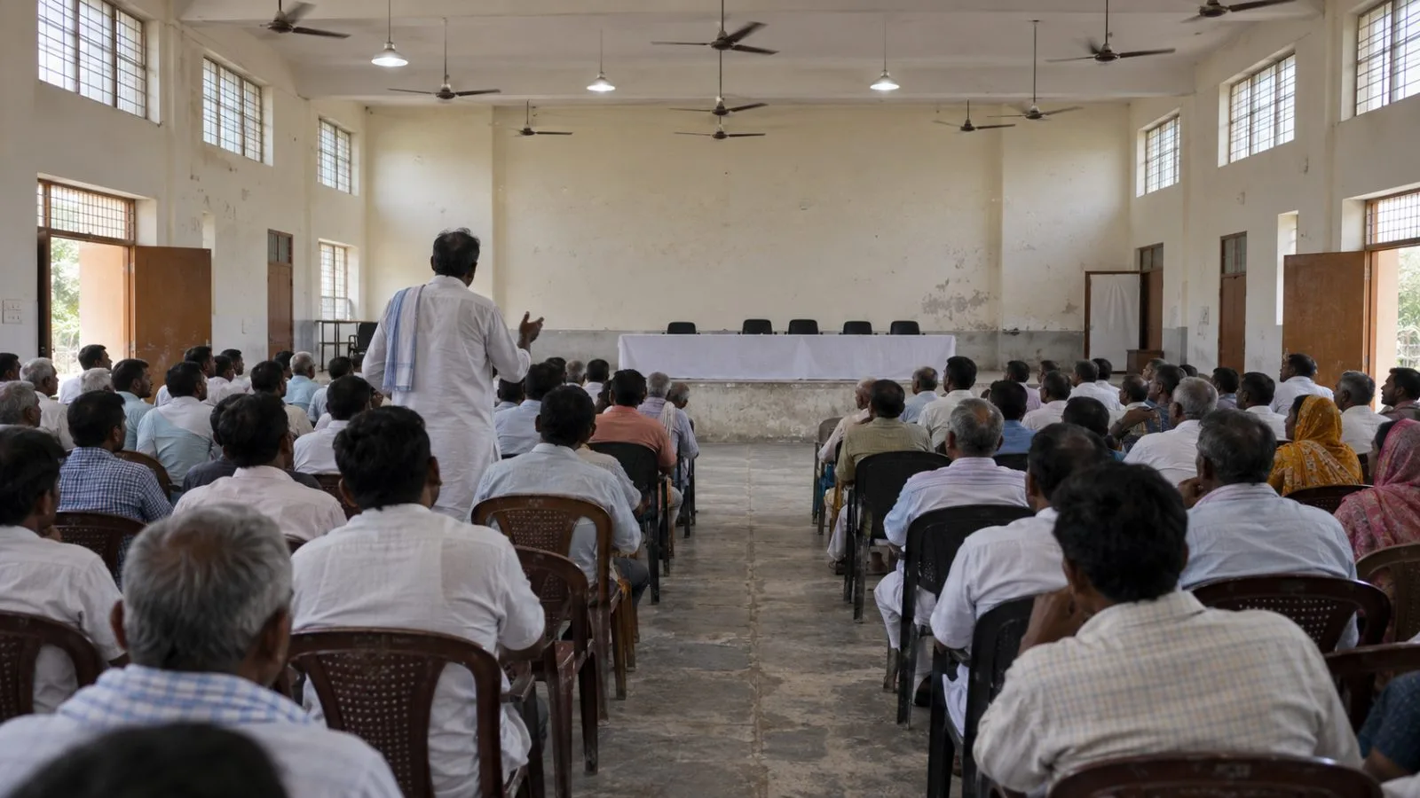 An audience member addresses a political gathering in Patna, India, as attendees look on. (AI-generated image / EconoTimes)