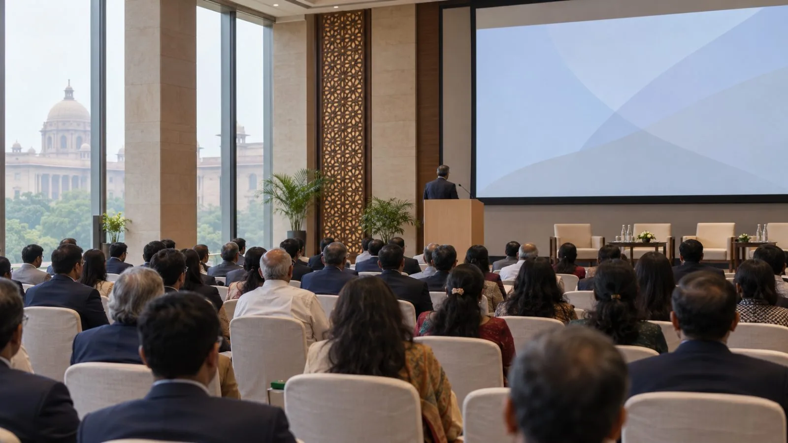 Attendees listen during a conference in New Delhi, India (AI-generated image / EconoTimes)
