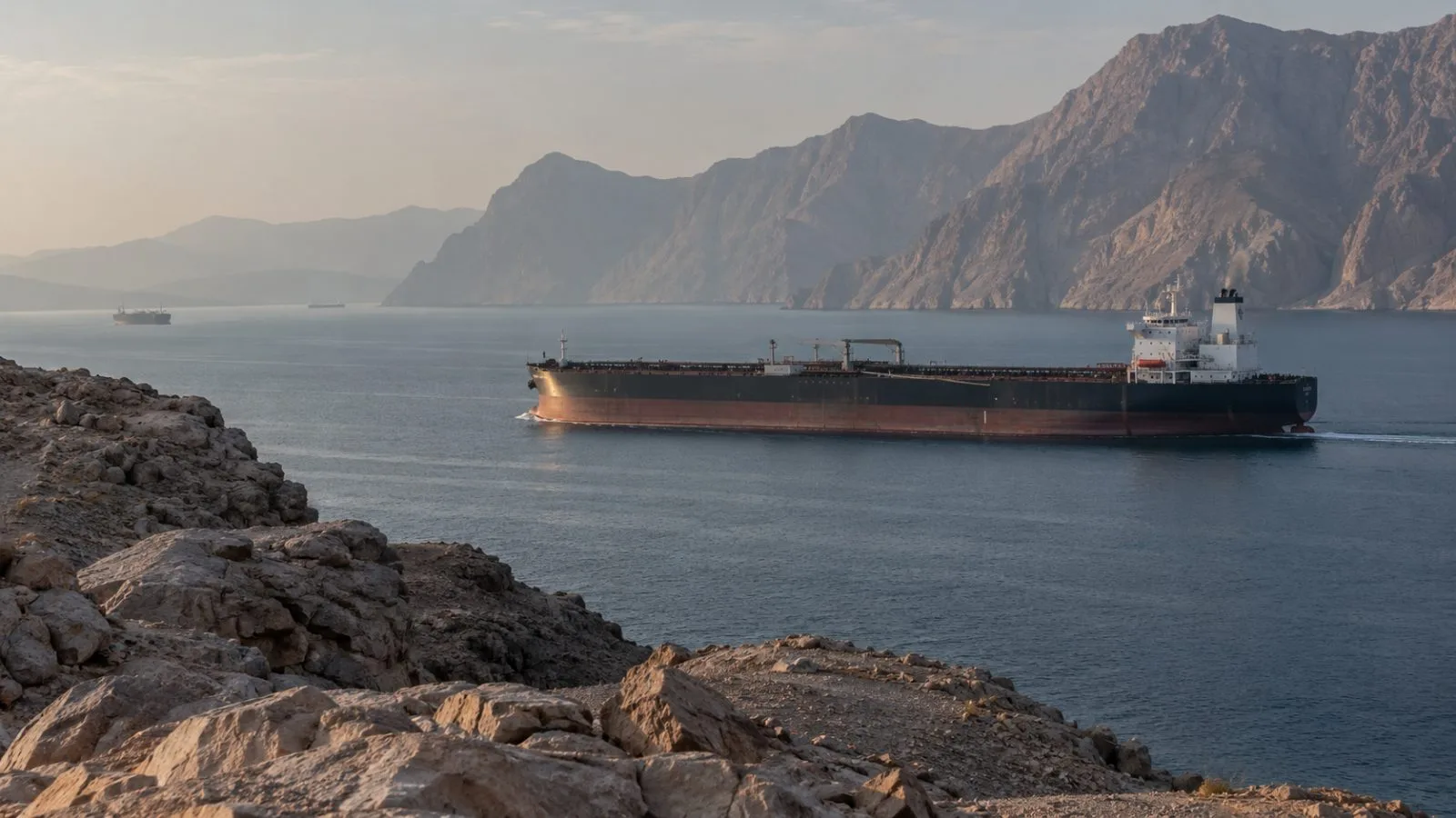 An oil tanker passes through the Strait of Hormuz near Khasab, Oman. (AI-generated image / EconoTimes)
