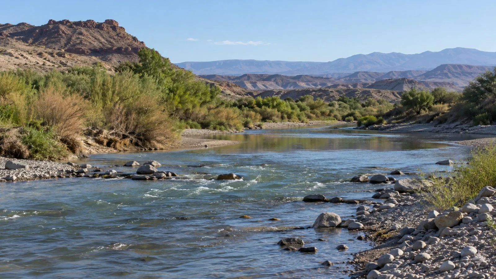 Patchy tamarisk and willow line the lower Virgin River near Mesquite, Nevada. (AI-generated image / EconoTimes)