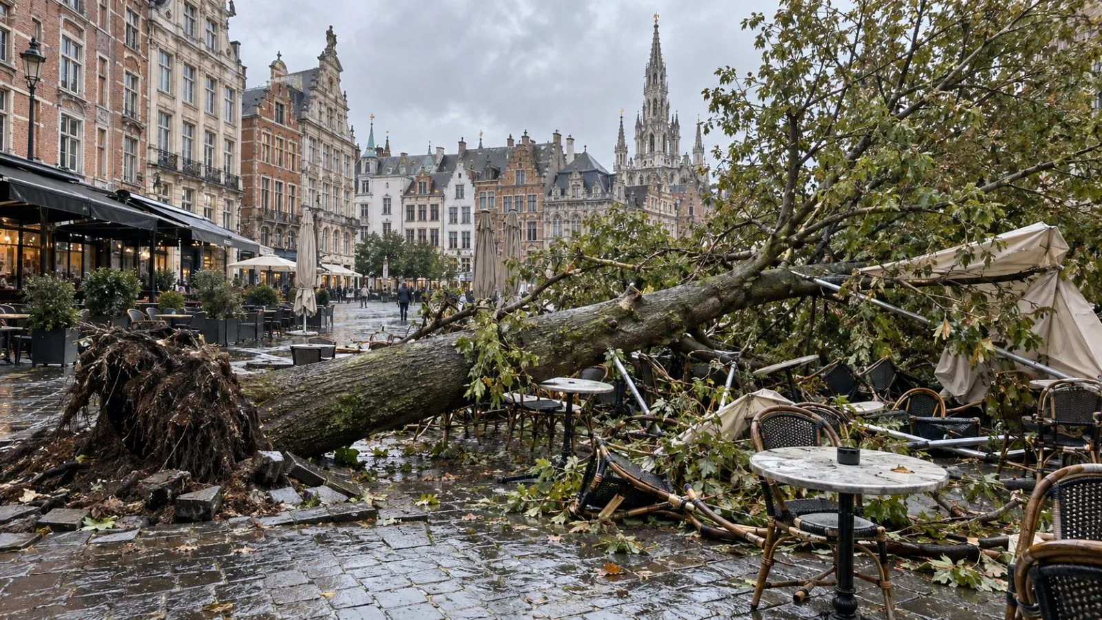 A fallen tree lies across an outdoor cafe terrace at Marché aux Herbes in Brussels. (AI-generated image / EconoTimes)