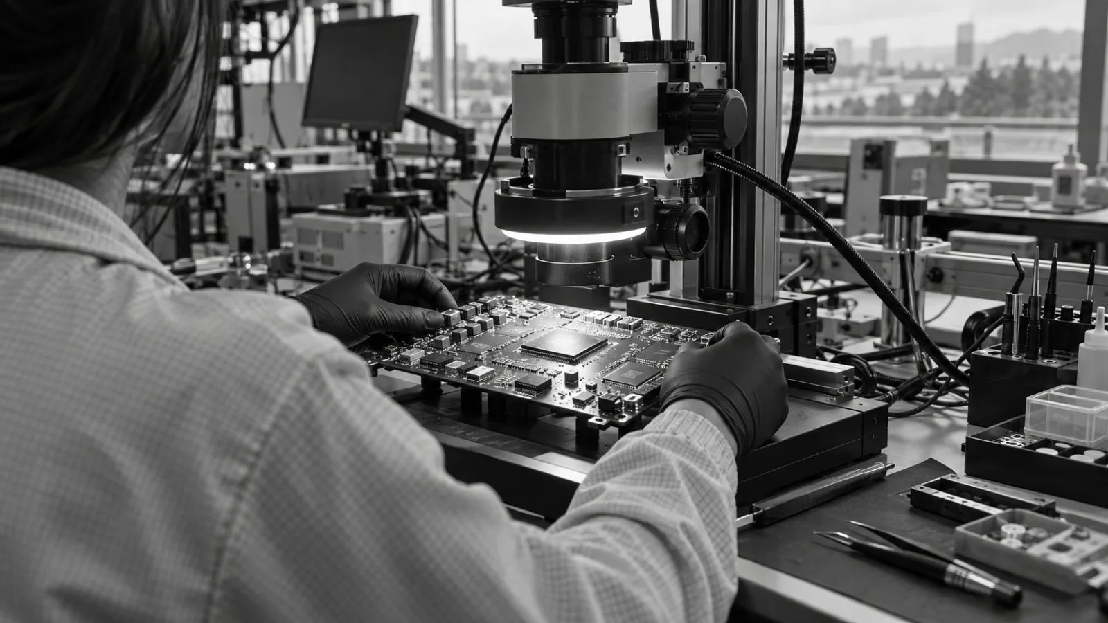 An accelerator board sits beneath an inspection rig in a San Jose, California, semiconductor lab. (AI-generated image / EconoTimes)
