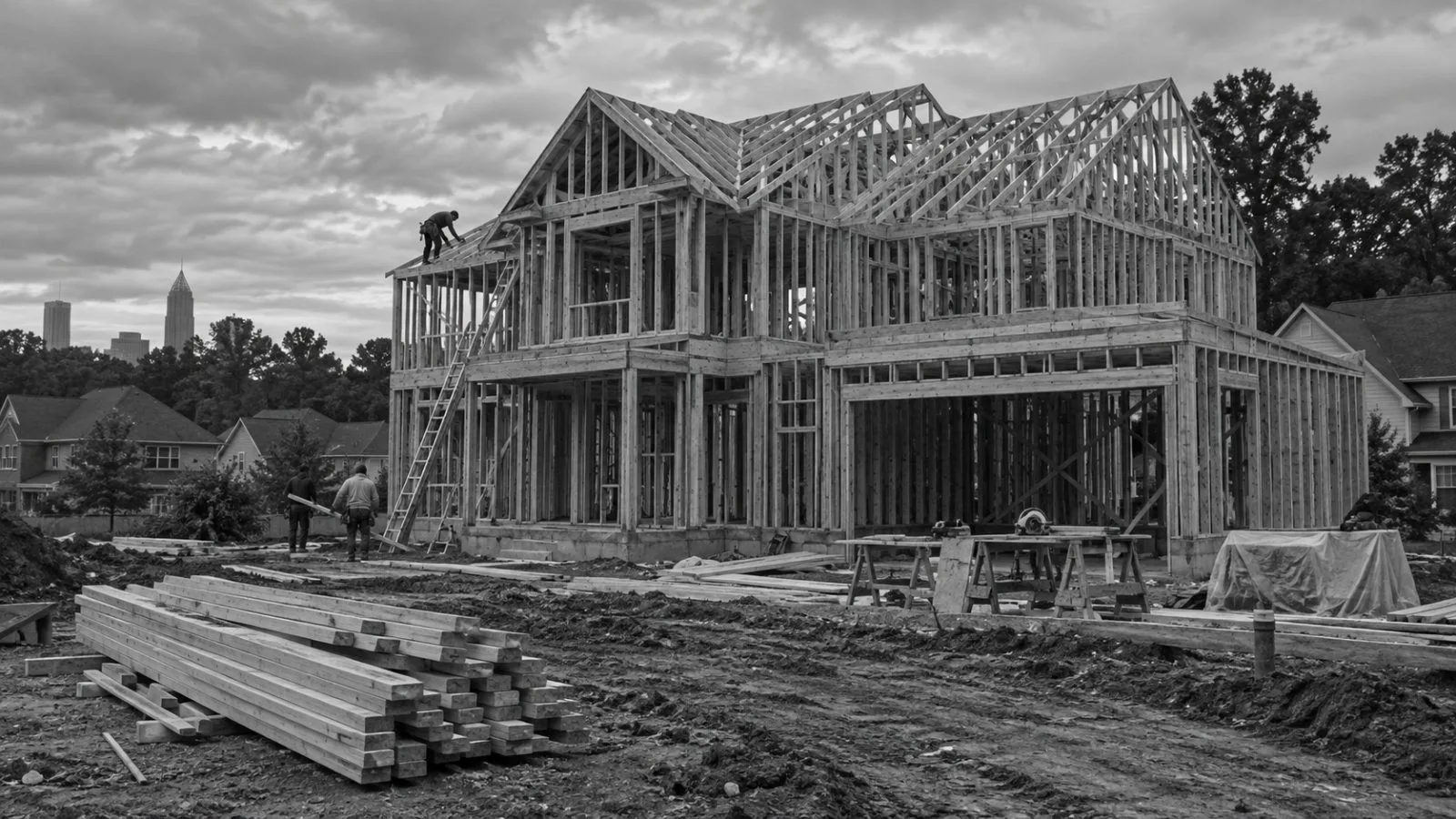 Workers frame a new detached home at a residential construction site in Atlanta, Georgia. (AI-generated image / EconoTimes)