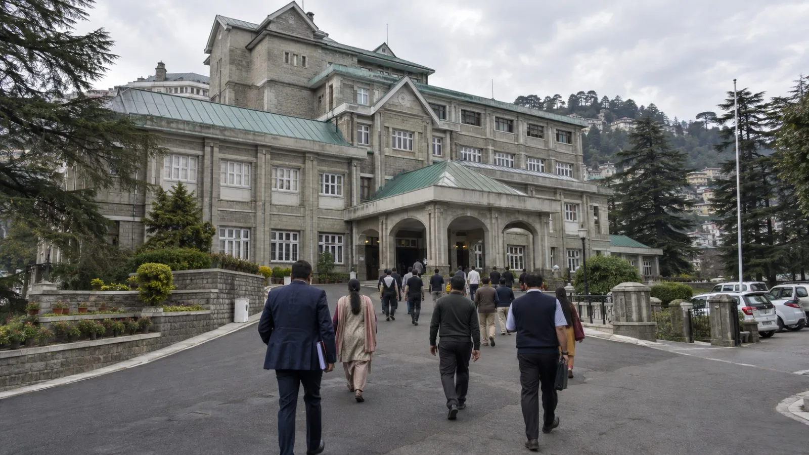 State government employees walk toward the Himachal Pradesh Secretariat in Shimla, India. (AI-generated image / EconoTimes)