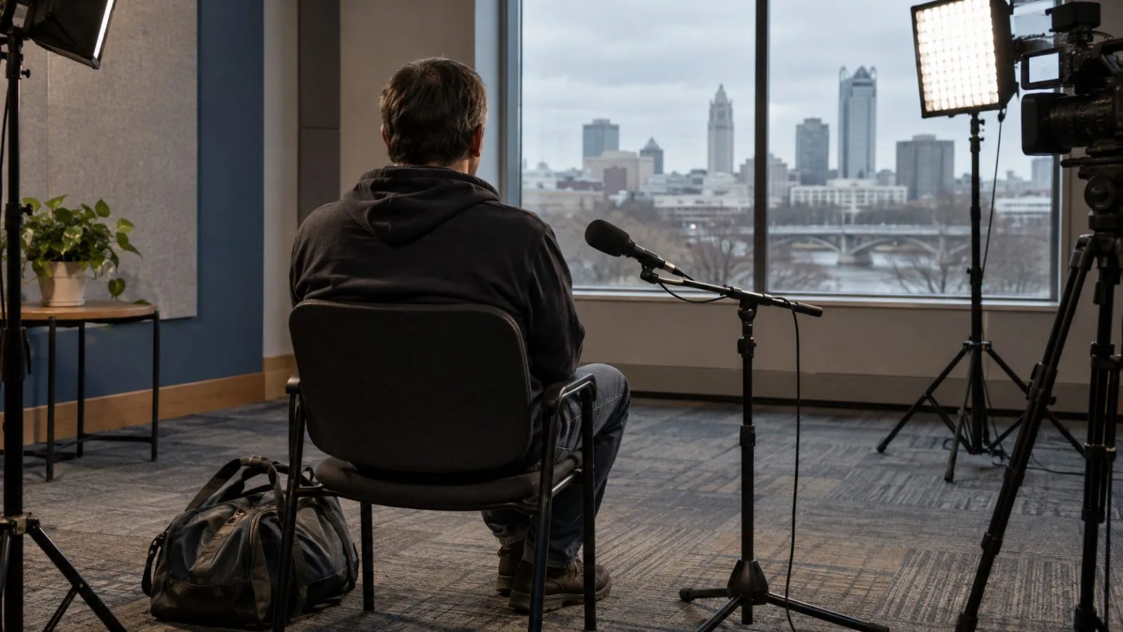 An interview guest sits beside a broadcast microphone in a Columbus, Ohio, television studio (AI-generated image / EconoTimes)
