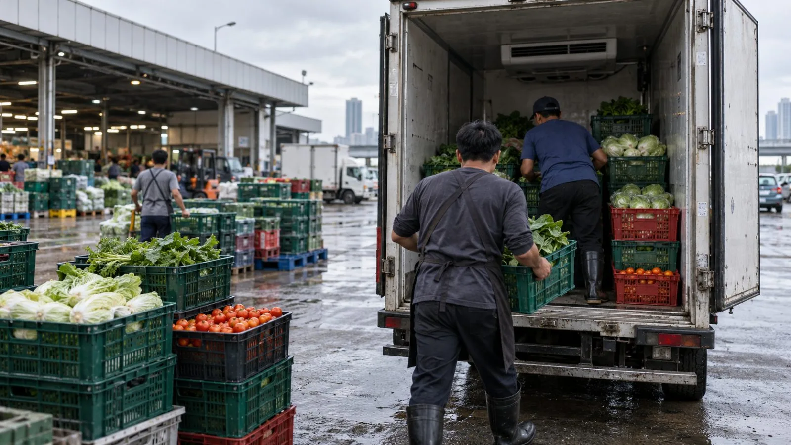 Workers load crates of fresh produce into a delivery van in Bangkok, Thailand. (AI-generated image / EconoTimes)