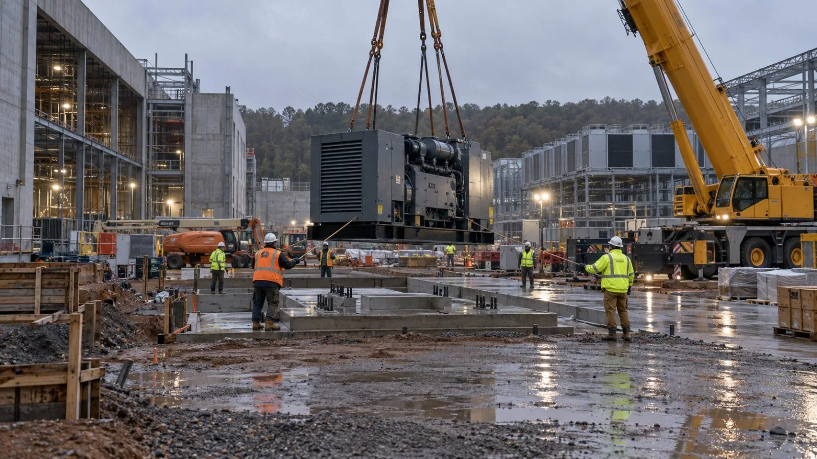A crane lowers a backup generator at a data center construction site in Ashburn, Virginia. (AI-generated image / EconoTimes)