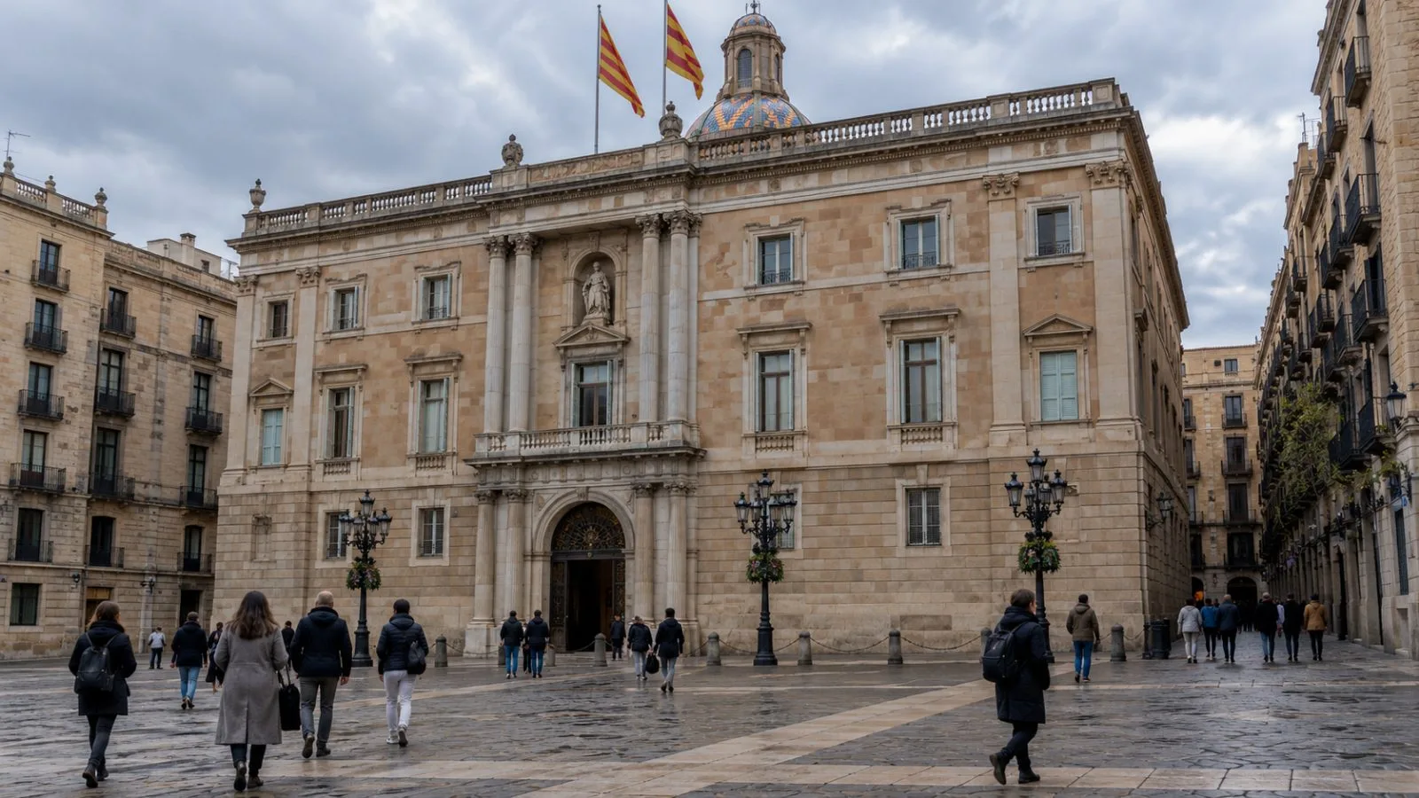 Pedestrians pass the Parliament of Catalonia in Barcelona on an overcast afternoon. (AI-generated image / EconoTimes)