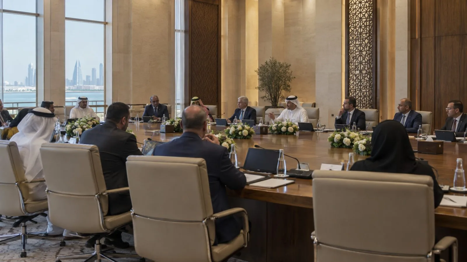 Delegates sit around a conference table during a ministerial meeting in Manama, Bahrain. (AI-generated image / EconoTimes)