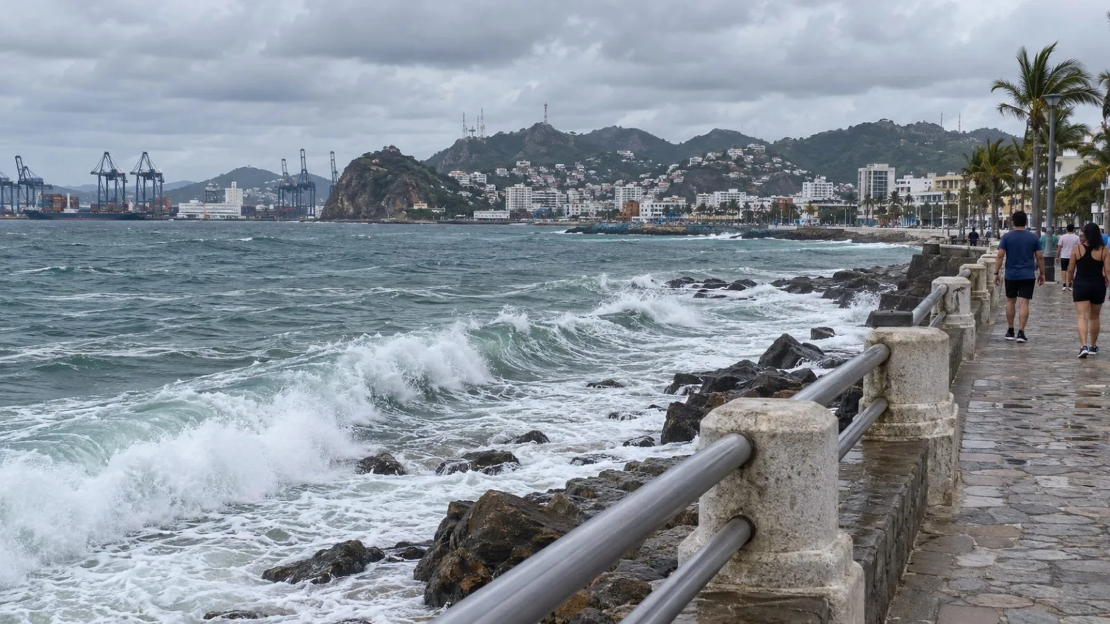 Pacific swells break toward the waterfront promenade in Manzanillo, Mexico. (AI-generated image / EconoTimes)