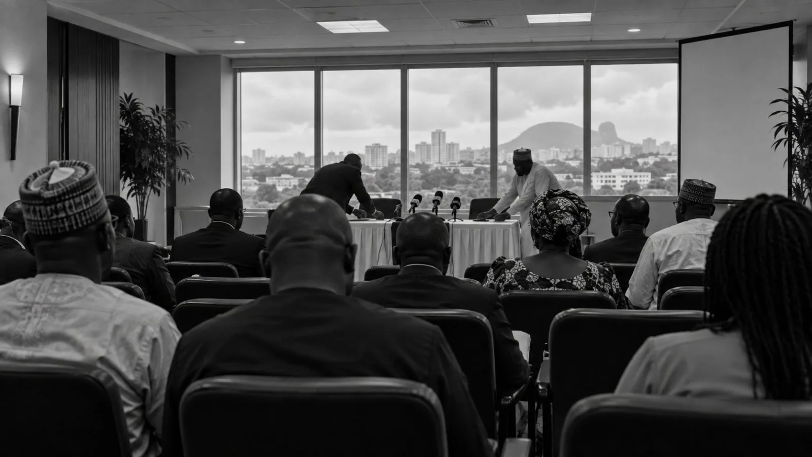 Attendees gather for a political press briefing in a conference room in Abuja, Nigeria (AI-generated image / EconoTimes)