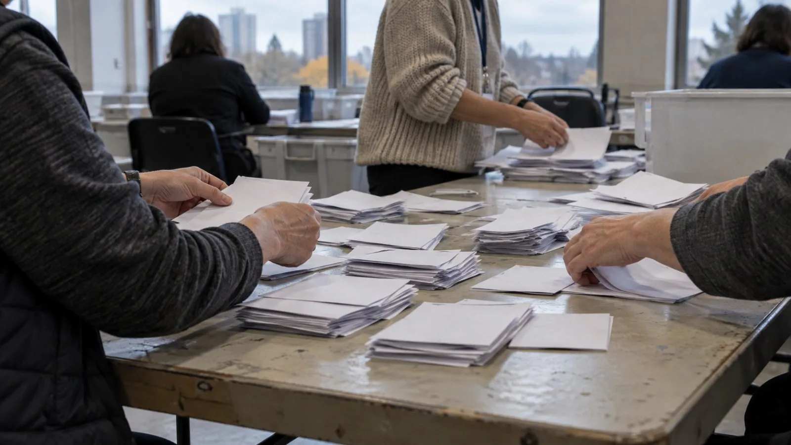 Election workers sort referendum ballots in a counting room in Edmonton, Alberta. (AI-generated image / EconoTimes)