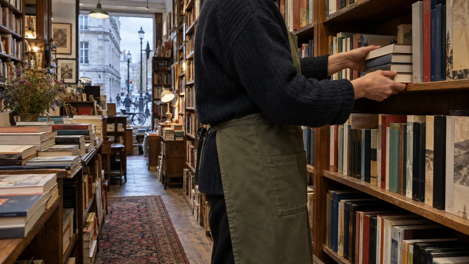 A bookseller arranges novels on a shelf inside a London bookshop. (AI-generated image / EconoTimes)
