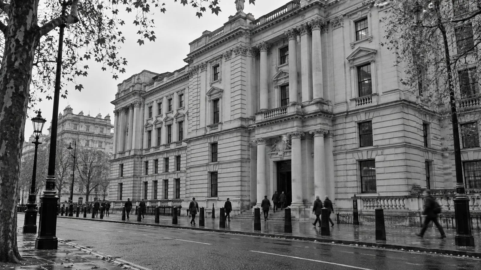 Pedestrians pass the HM Treasury building on Horse Guards Road in London. (AI-generated image / EconoTimes)