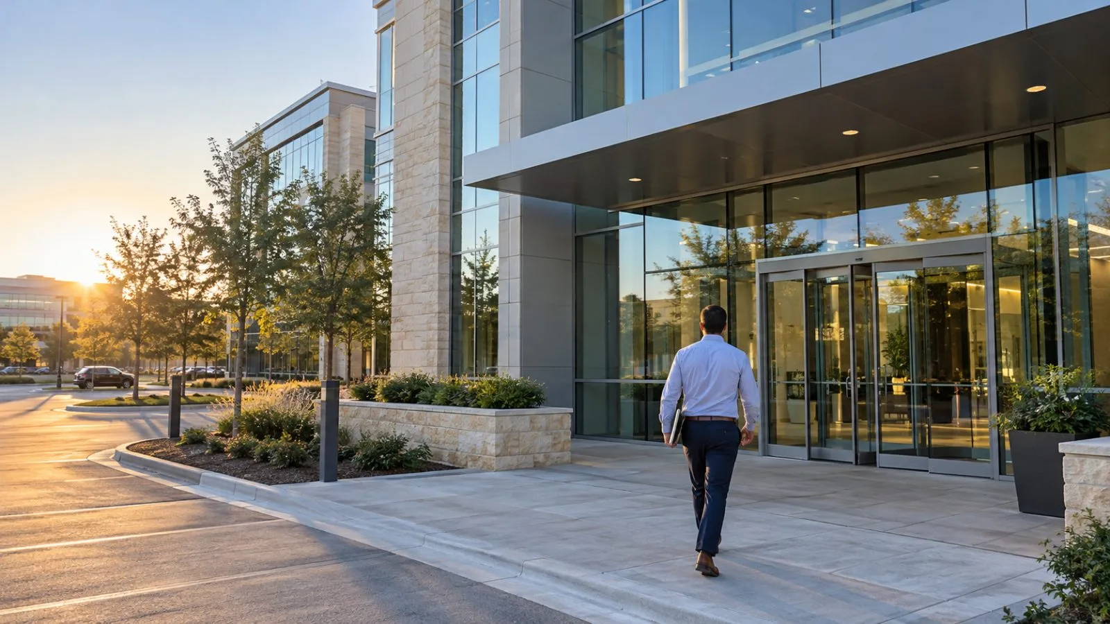 An office building stands in Addison, Texas, in early morning light. (AI-generated image / EconoTimes)