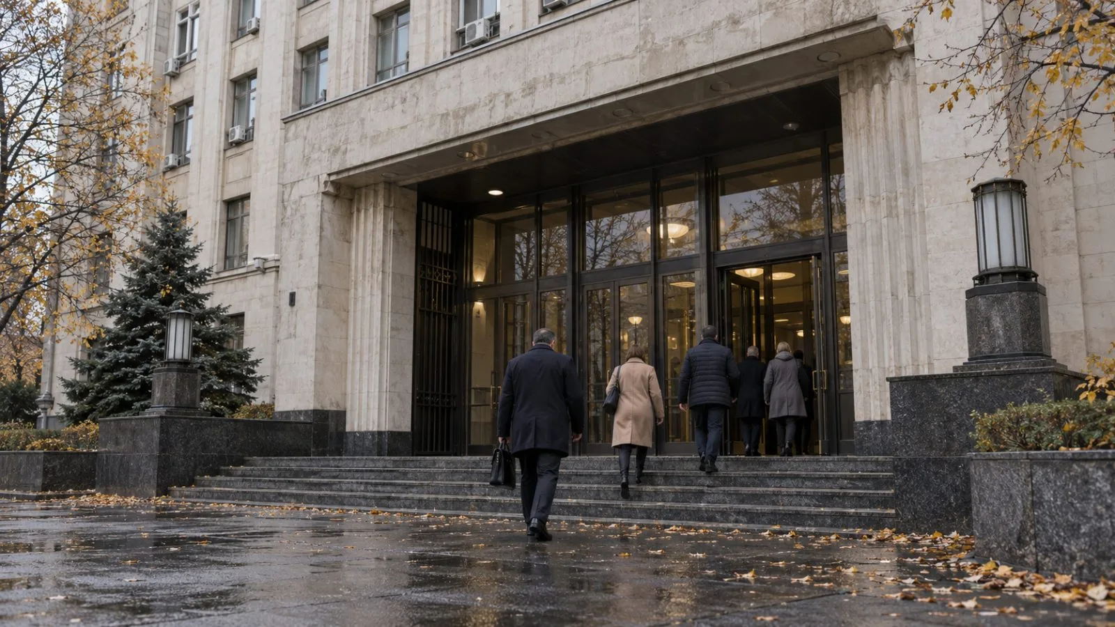 Visitors pass the entrance of Gagarinsky Court in Moscow on an overcast autumn morning. (AI-generated image / EconoTimes)