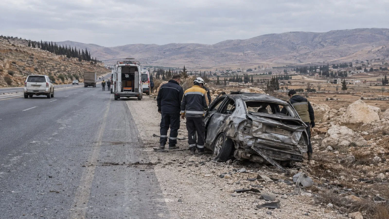 Civil defense workers examine a blast-damaged vehicle on the Damascus-Homs highway near Qara, Syria. (AI-generated image / EconoTimes)