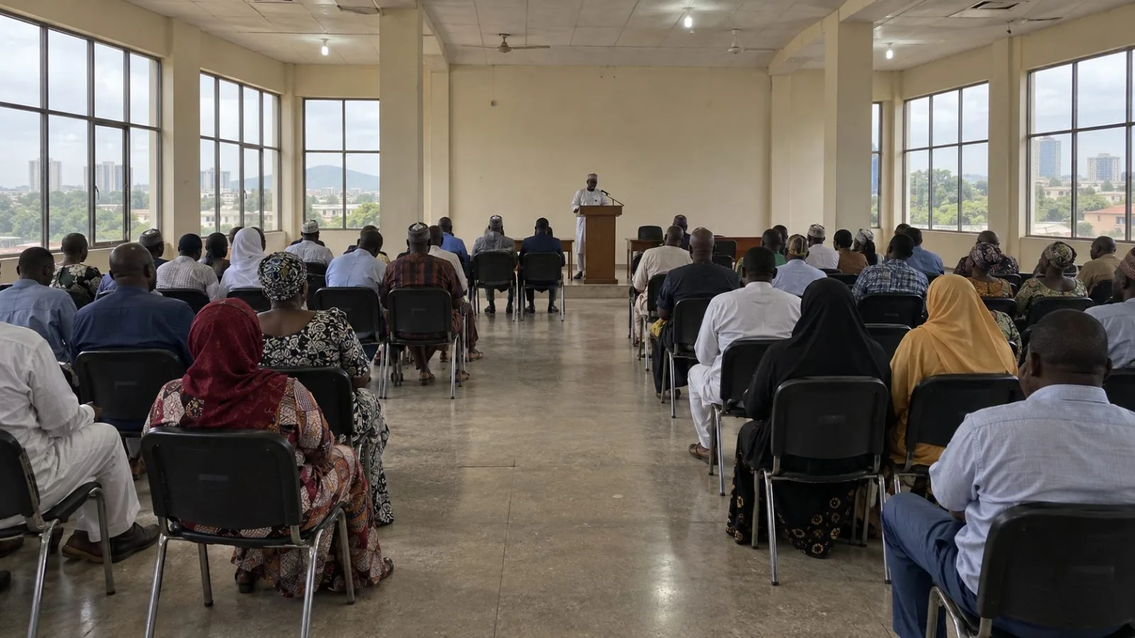 Attendees face a lectern at a town hall in Abuja, Nigeria. (AI-generated image / EconoTimes)