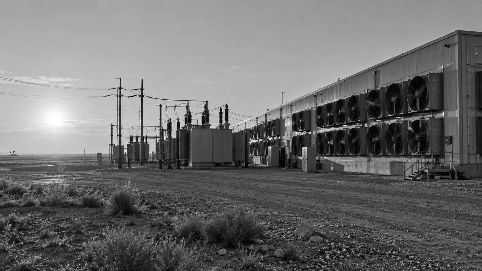 Ventilation fans and utility equipment stand outside a Bitcoin mining facility in West Texas. (AI-generated image / EconoTimes)