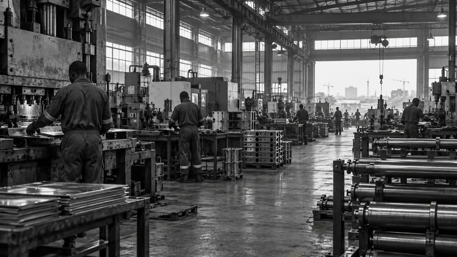 Workers operate machinery on a factory floor in Lagos, Nigeria. (AI-generated image / EconoTimes)