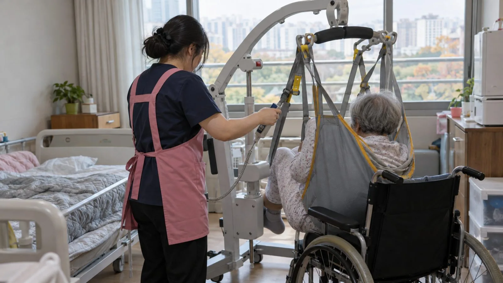 A care aide operates a patient-transfer lift beside an older resident in a Seoul facility. (AI-generated image / EconoTimes)