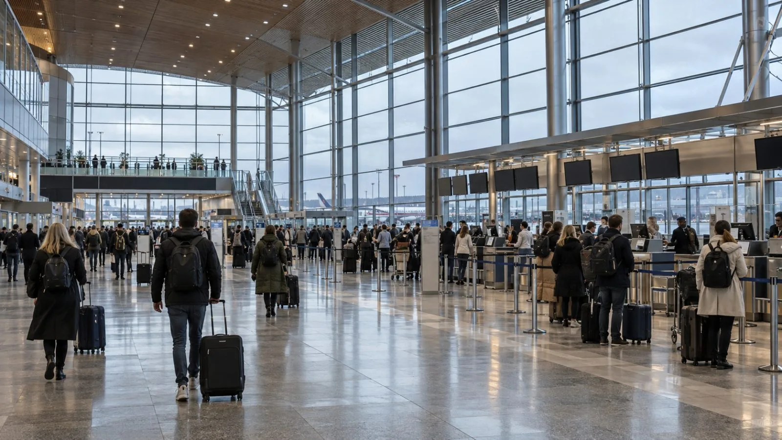 Passengers cross the departures hall at Copenhagen Airport in Kastrup, Denmark. (AI-generated image / EconoTimes)