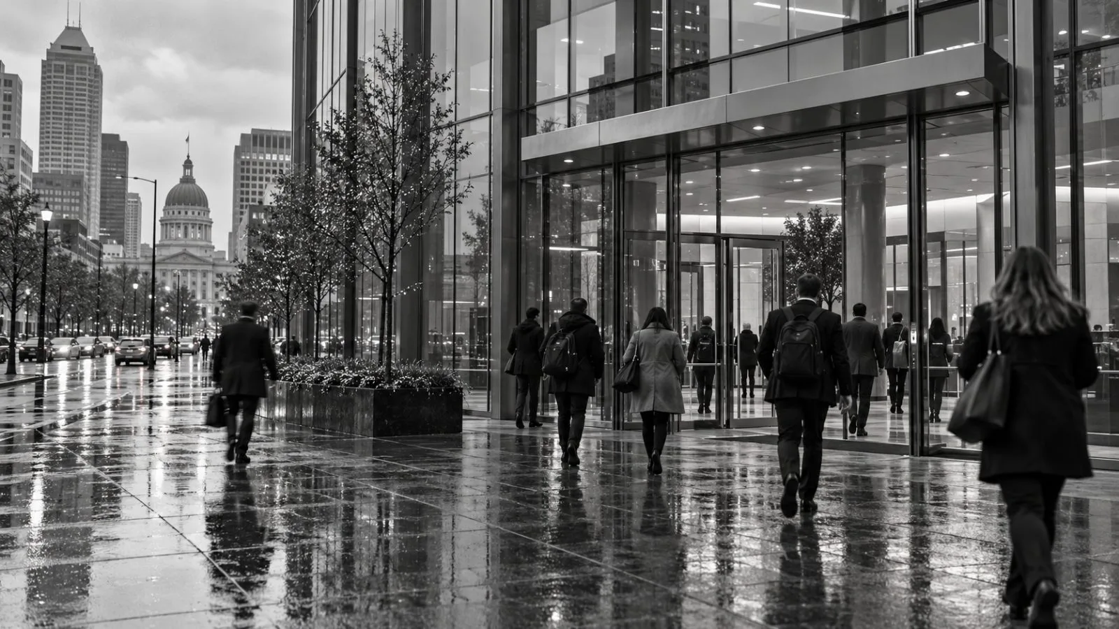 Employees enter a glass-fronted office building in Indianapolis, Indiana, on an overcast morning. (AI-generated image / EconoTimes)