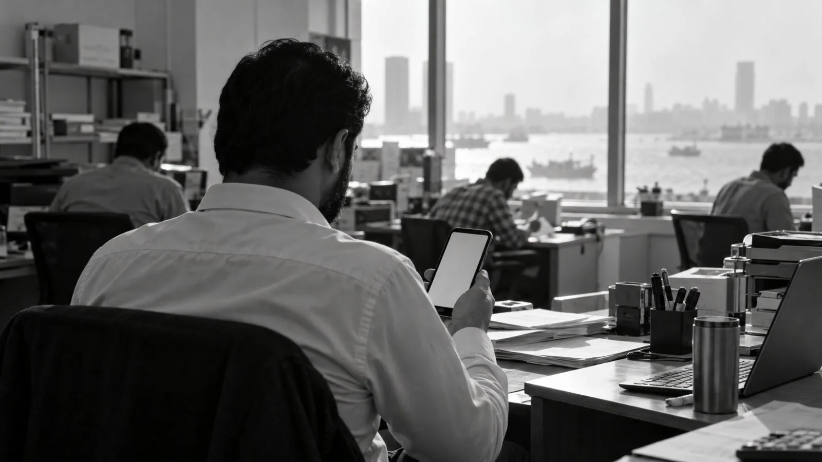 A small-business employer checks a wage transfer on a phone in Dubai, UAE. (AI-generated image / EconoTimes)