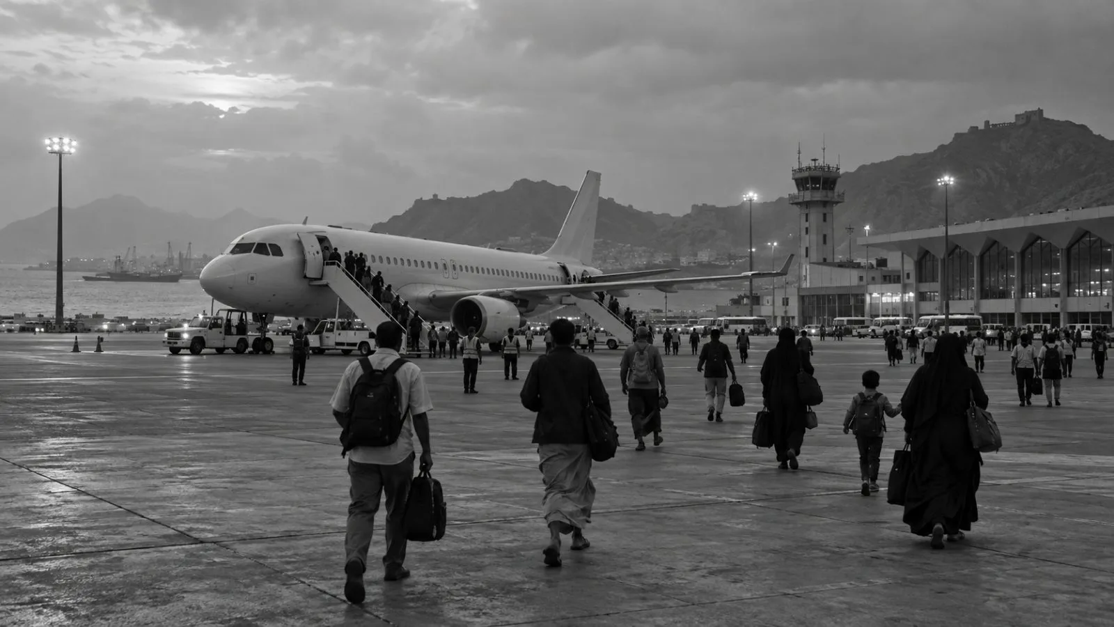 Passengers move away from a parked aircraft at Aden International Airport in Aden, Yemen. (AI-generated image / EconoTimes)