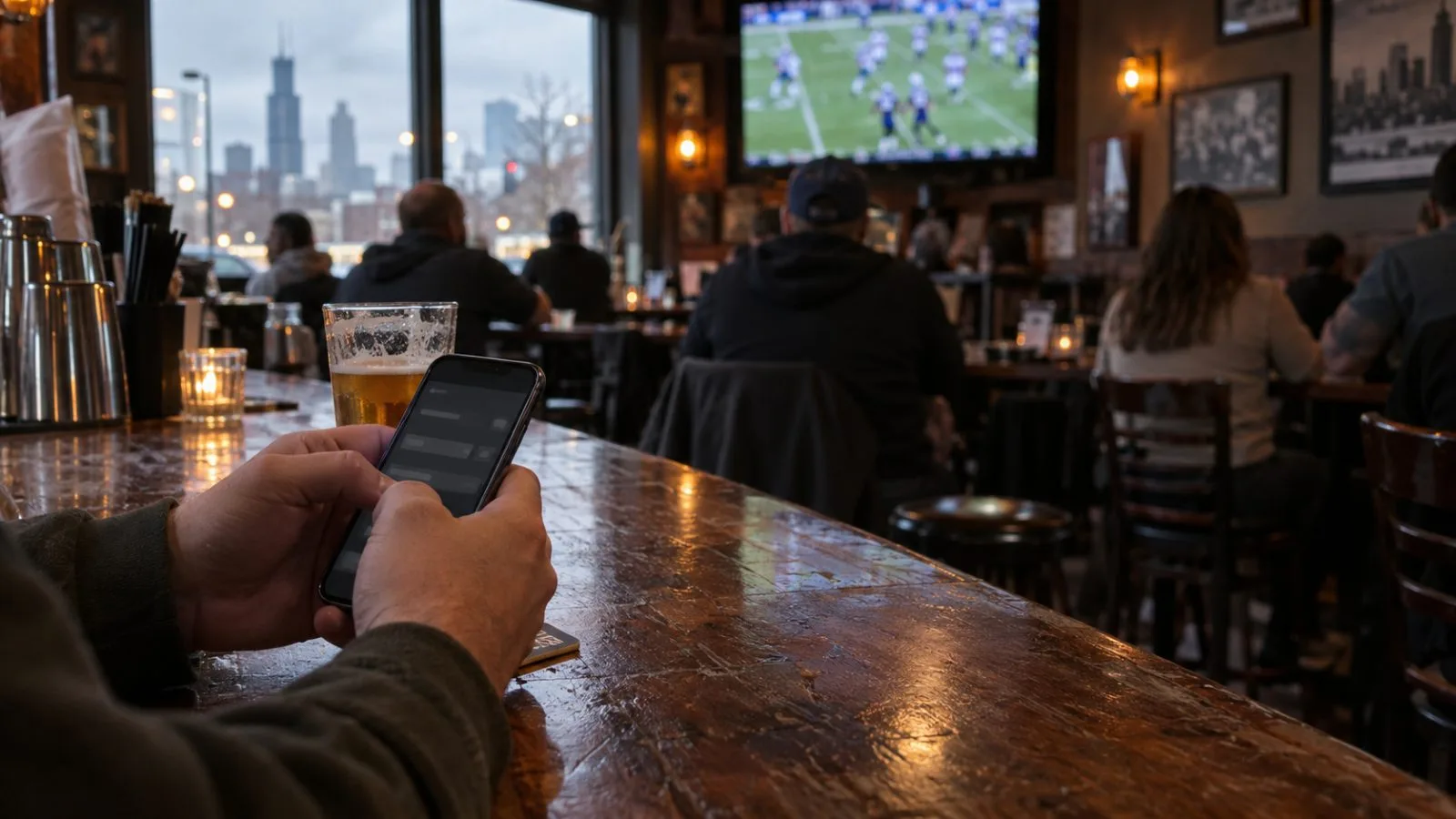 A patron checks a prediction market on a phone inside a Chicago sports bar. (AI-generated image / EconoTimes)