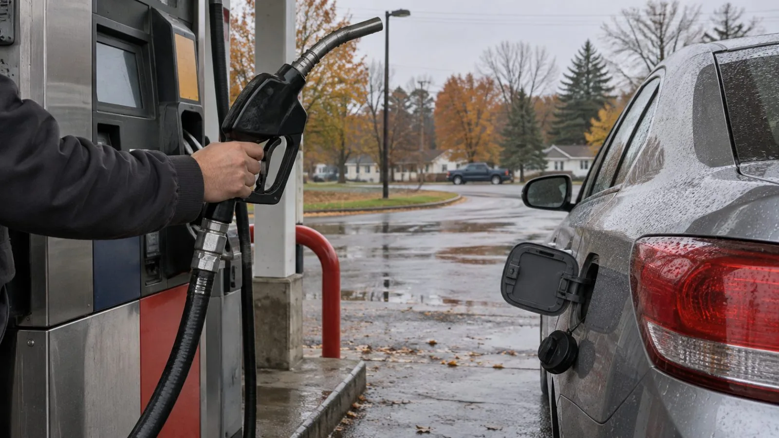 A driver refuels beside a sedan at a neighborhood gas station in Flat Rock, Michigan. (AI-generated image / EconoTimes)