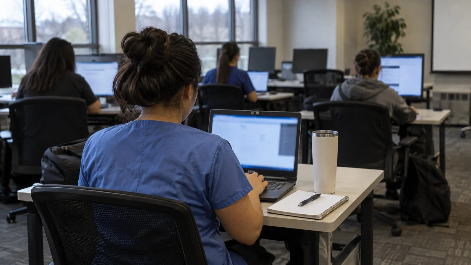 A nursing student takes an online exam in a Dallas, Texas, campus testing room. (AI-generated image / EconoTimes)