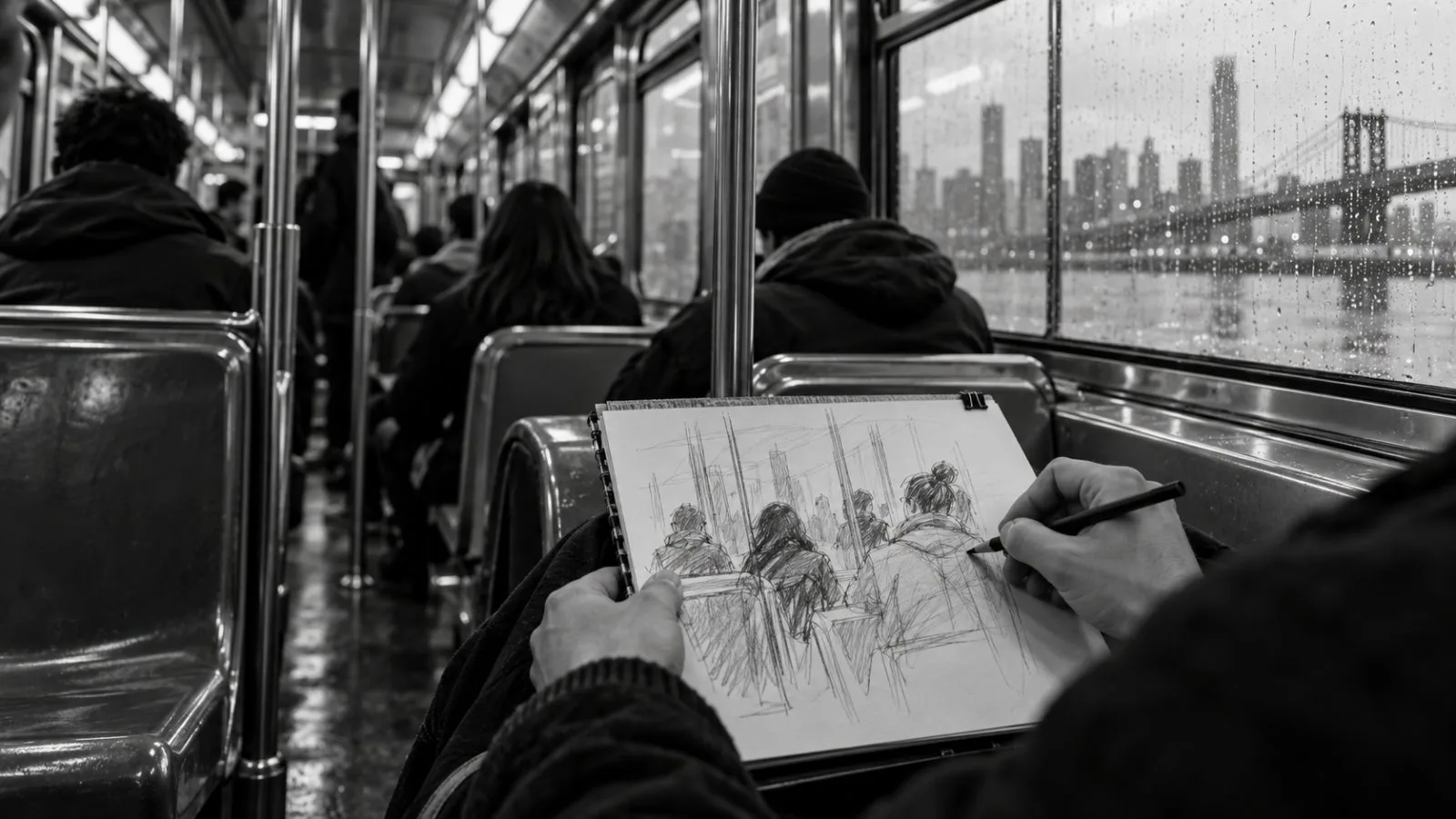 An artist sketches passengers aboard a New York City subway car under fluorescent lights (AI-generated image / EconoTimes)