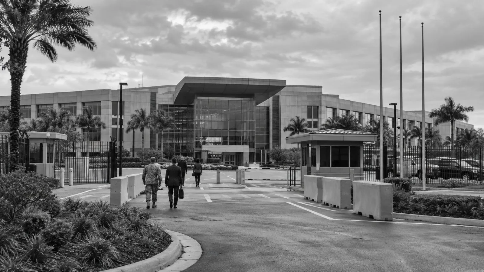 People approach U.S. Central Command headquarters in Tampa, Florida, under overcast skies. (AI-generated image / EconoTimes)