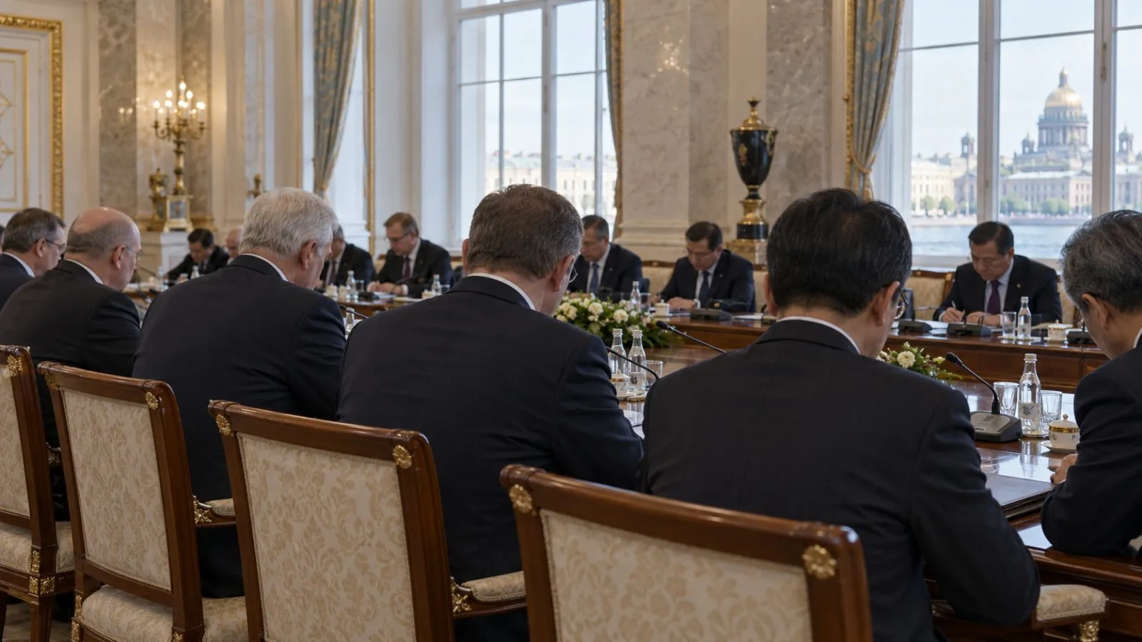 Delegates sit around a meeting table in St. Petersburg, Russia. (AI-generated image / EconoTimes)
