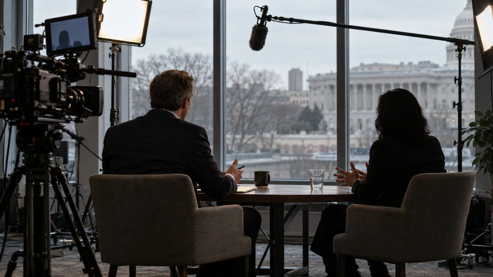 A broadcast camera faces interview chairs in a Washington, D.C., television studio (AI-generated image / EconoTimes)
