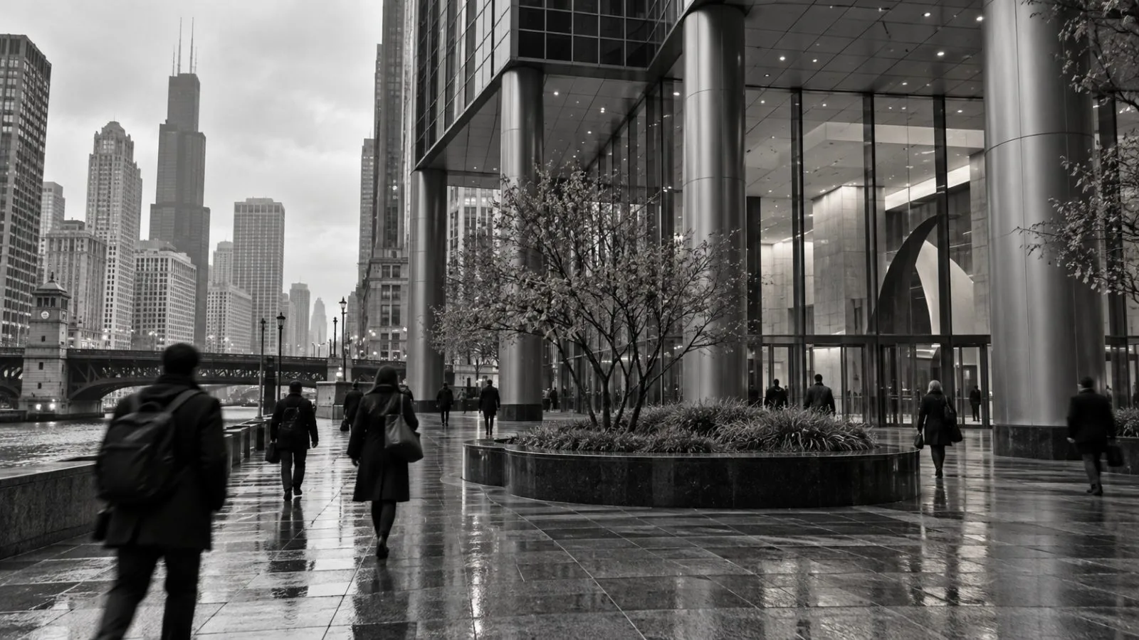 Commuters pass the entrance to Two North Riverside Plaza in Chicago on an overcast morning. (AI-generated image / EconoTimes)
