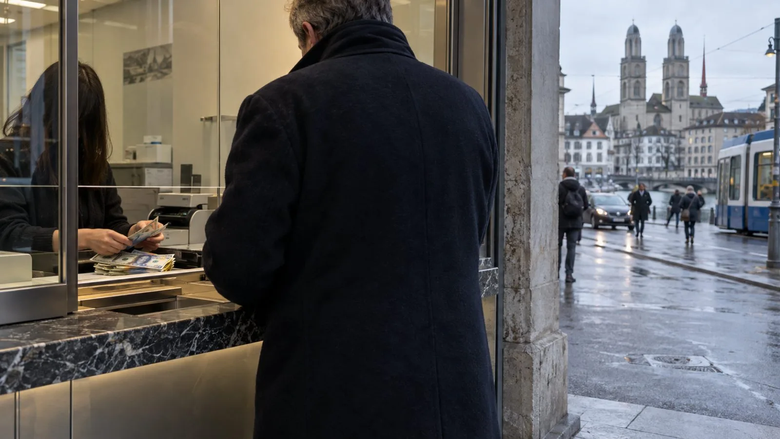 A customer stands at a currency exchange counter in Zurich, Switzerland. (AI-generated image / EconoTimes)