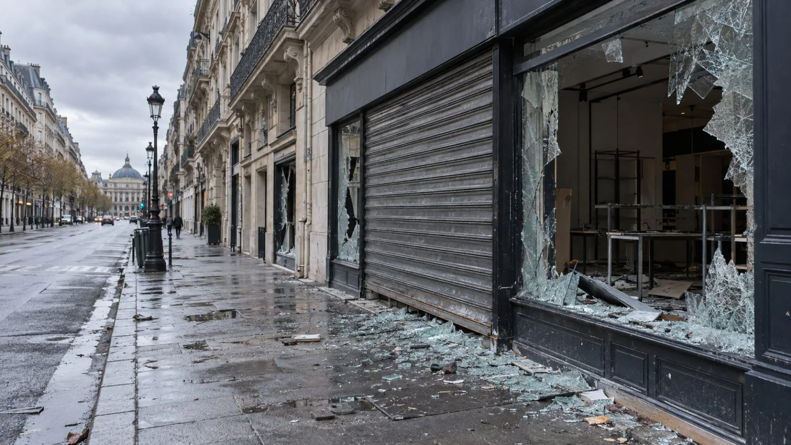 A damaged storefront stands on a Paris shopping street after protests over living costs. (AI-generated image / EconoTimes)