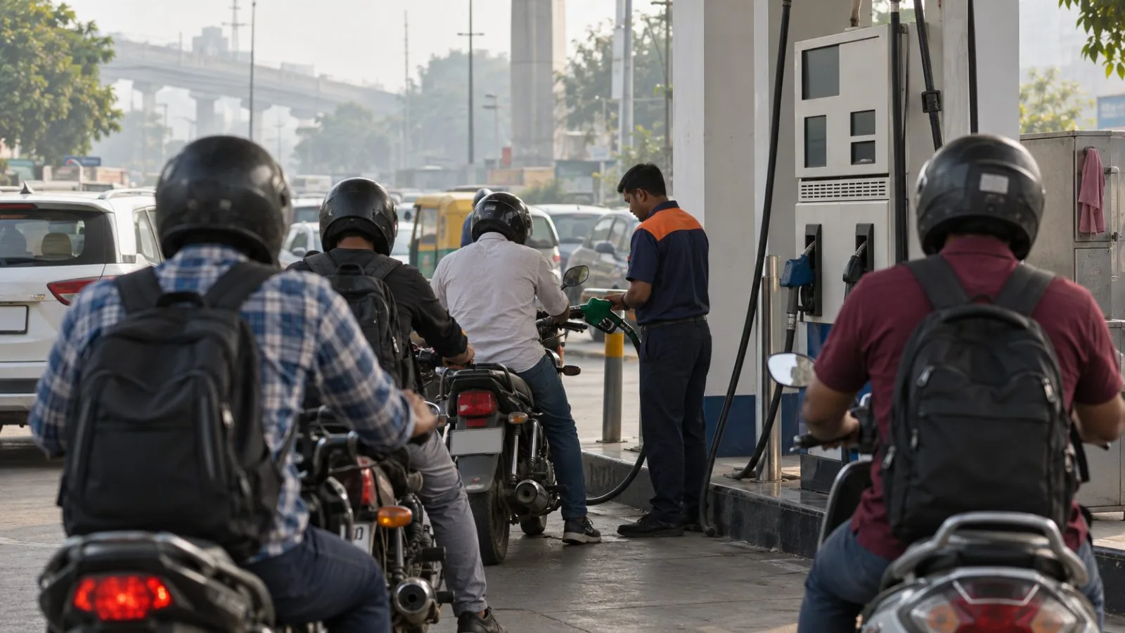 An attendant refuels a motorbike as riders wait at a Delhi petrol station. (AI-generated image / EconoTimes)