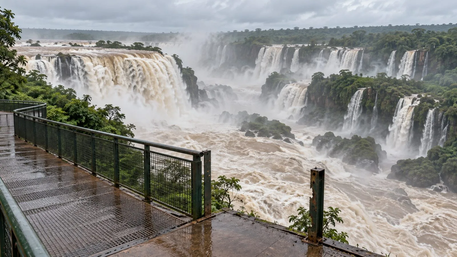 Floodwater surges beside an empty catwalk at Iguaçu National Park near Foz do Iguaçu, Brazil (AI-generated image / EconoTimes)