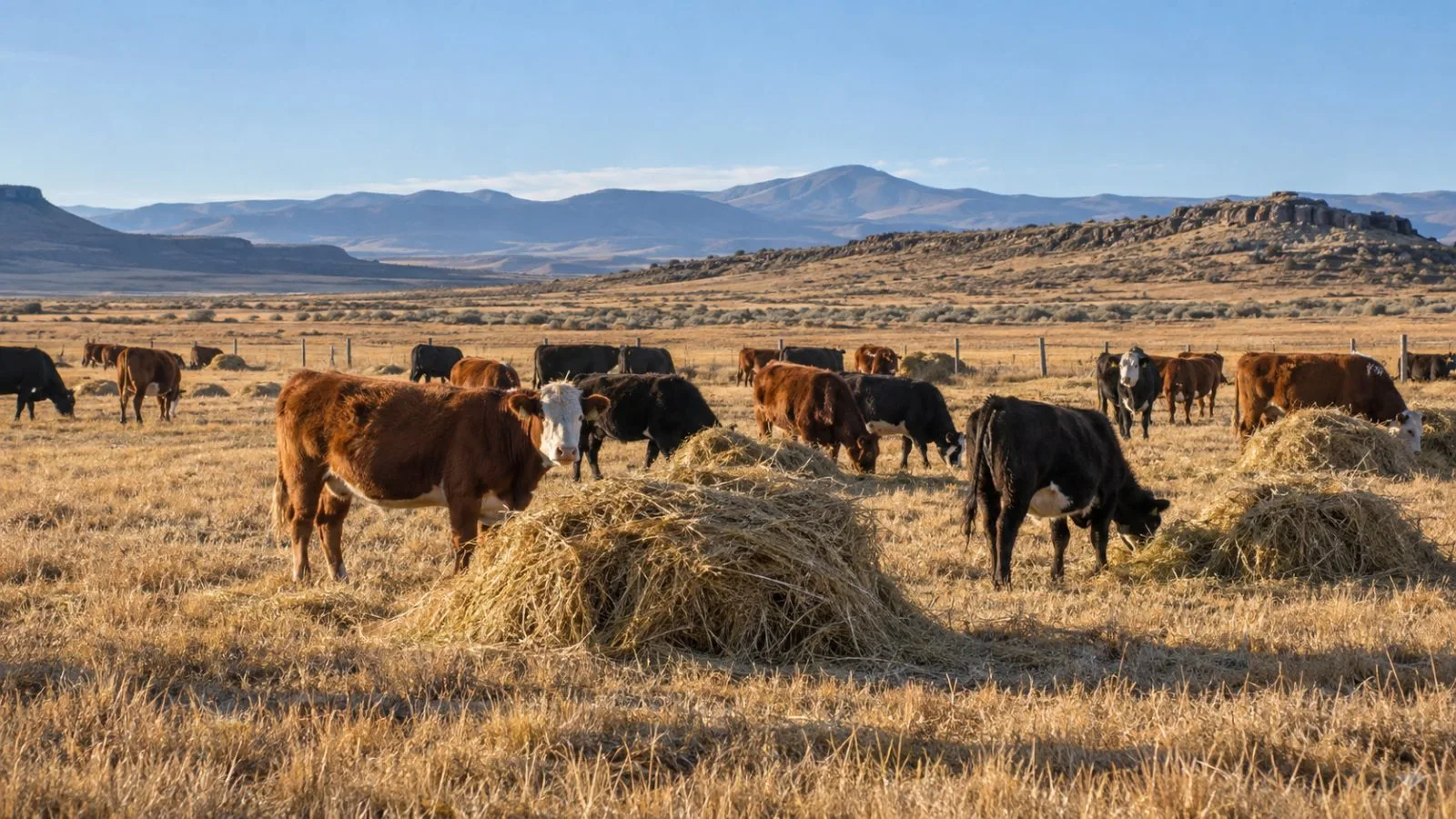 Cattle graze on dry pasture beside gathered hay at a ranch in Harney County, Oregon (AI-generated image / EconoTimes)